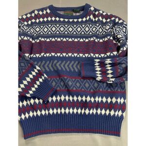 Mountain Tek Vtg Geometric Fair Isle Knit Sweater Blue Red Size Cozypunk Ski L